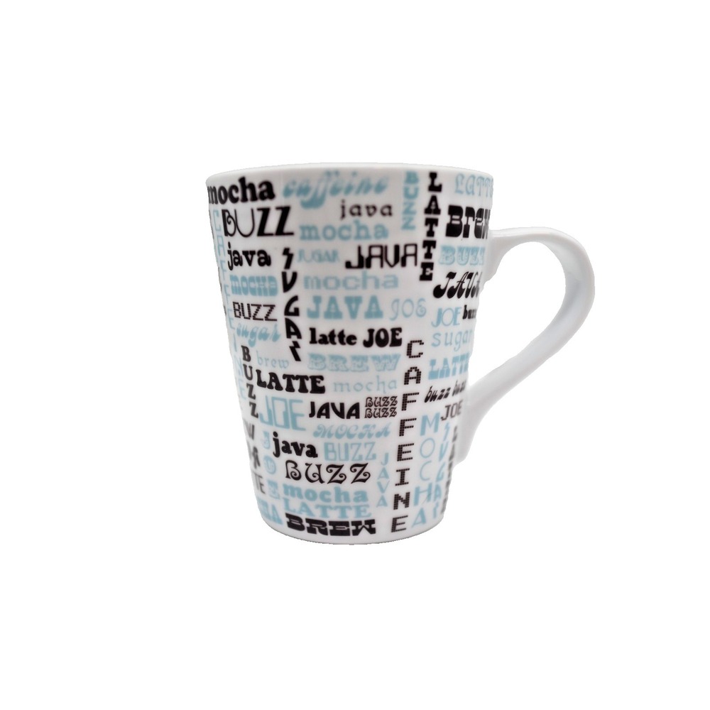 Jonathan Adler Barnes & Noble Coffee Mug | Blue & Brown Typography | Word Cloud